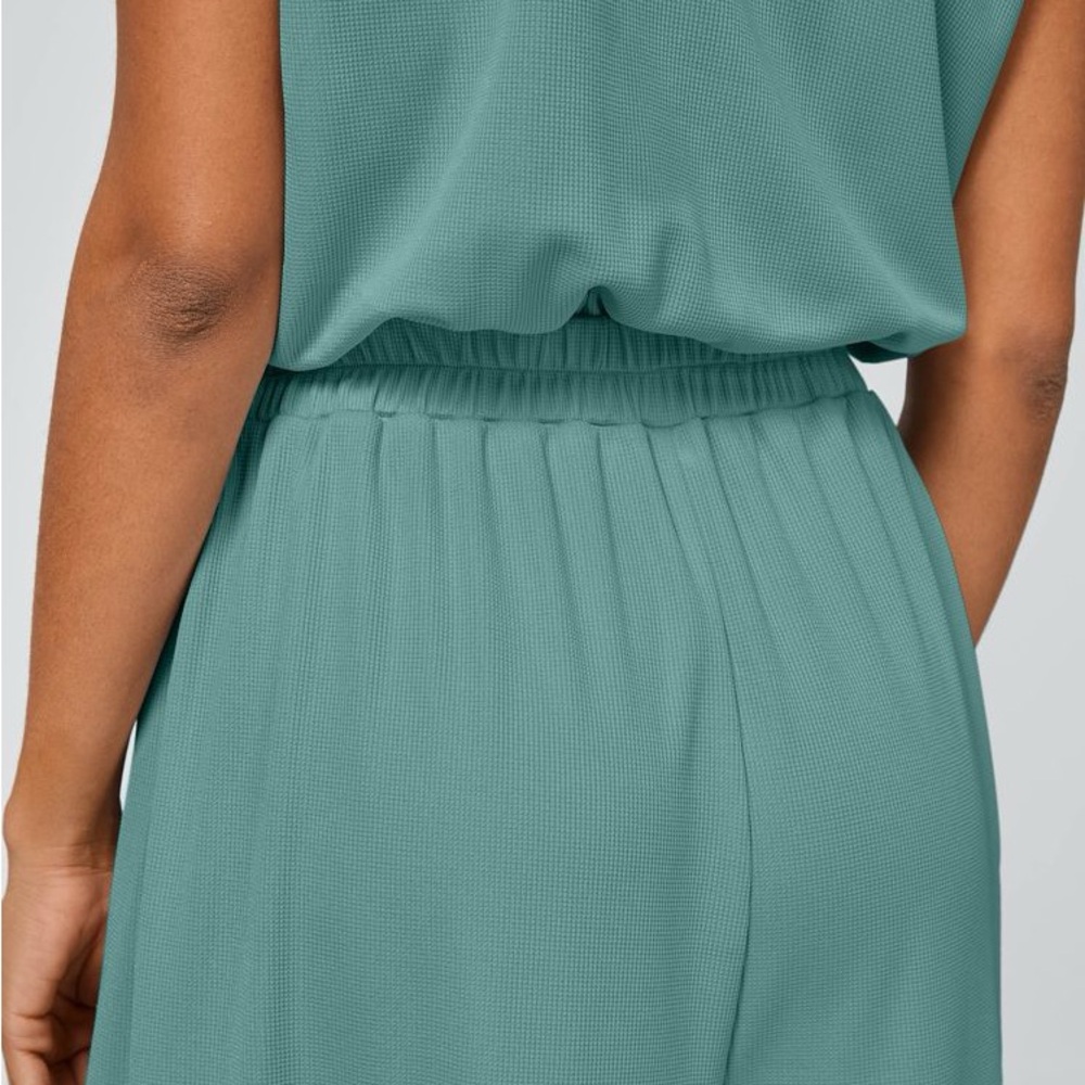 V Neck Short Sleeve Side Pocket Wide Leg Flowy Waffle Casual Jumpsuit Canton L - Picture 6 of 12